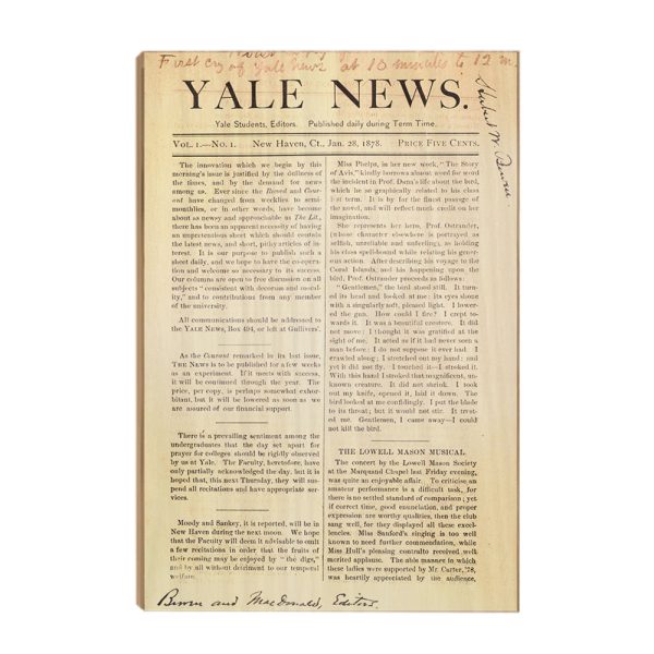 Yale Bulldogs - Vintage Yale News 1st Edition January 28, 1878 Supply