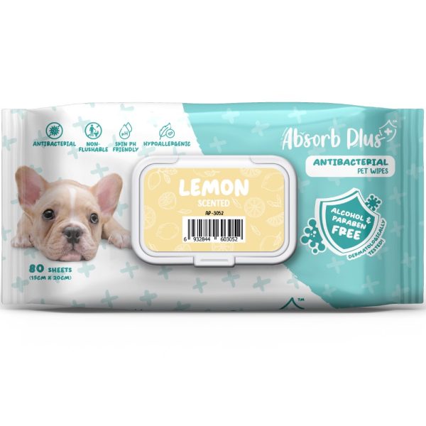 4 FOR $15: Absorb Plus Antibacterial Lemon Scented Pet Wipes 80ct Online