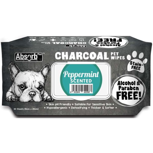 4 FOR $20: Absorb Plus Charcoal Peppermint Scented Pet Wipes 80ct For Sale