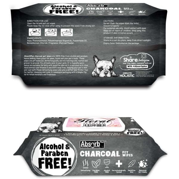 4 FOR $20: Absorb Plus Charcoal Floral Scented Pet Wipes 80ct For Sale